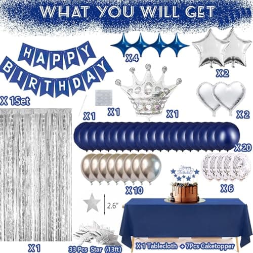 Navy Blue Birthday Party Decorations Set – 92Pcs Set with Banner, Star Garland, Crown, Heart & Star Foil Balloons, Fringe Curtain, Cake Topper, Tablecloth, Latex & Confetti Balloons for Men & Women - Thumbnail 3