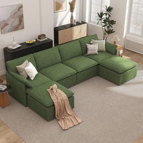 Maakkuu 129" U Shaped Couch, Modular Sectional Sofa with Moveable Ottoman, Large Deep Seat Chenille Sofa for Living Room, Oversized Modern Comfy Couch for Apartment, Office - Image 1