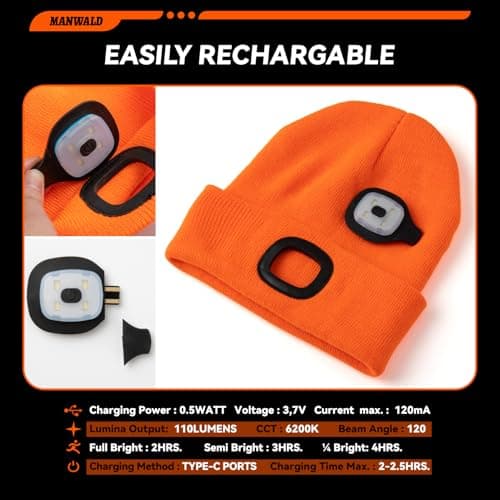 MANWALD LED Beanie Hat with Light, USB Rechargeable LED Headlamp, Fathers Day Dad Gifts for Men, Birthday Gifts for Women Adults, Gifts for Him Dad Husband, Boyfriend, Orange - Thumbnail 3