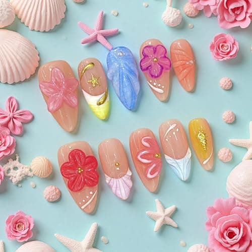 Tesytto Handmade Press on Nails 3D Floral Carved Medium Almond Fake Nails French Tips, Multi-Layer Gel Acrylic Nails for Women Nail Art (Sheer Floral Glow,M) - Thumbnail 2