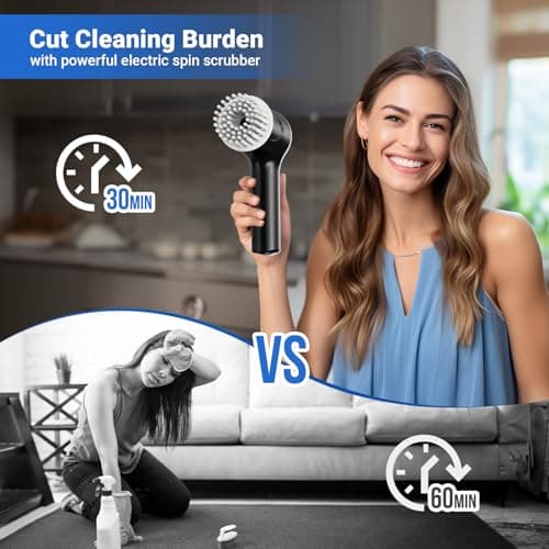 PUFTEM Electric Spin Scrubber, Cordless Shower Scrubber with Battery Level Display, 2 Speeds Electric Scrubber for Cleaning with 6 Replaceable Heads, Cleaning Brush for Bathroom/Sink/Window - Thumbnail 6