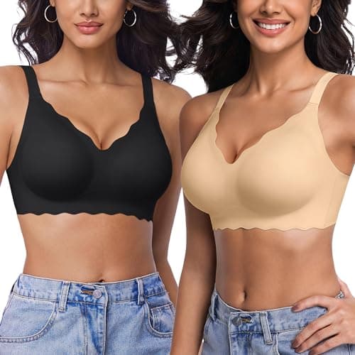 leviace 2 Pack Wireless Jelly Bras for Women with Support, Black/Nude, L