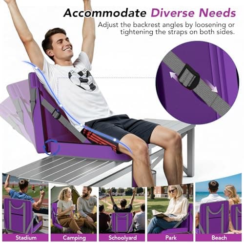 janiry Stadium Seats with Back Support 2PACKS Adjustable Bleacher Chairs with Back and Cushion Bleacher Seat with Cup Holder, Carry Handle & Shoulder Strap for Outdoor Sports Events, XL Large Purple - Thumbnail 6