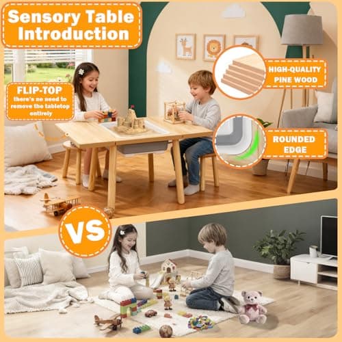 TTSZNB Wooden Activity Table with a Flip-Adjustable Desktop, Indoor/Outdoor Play Sand and Water, Multi-Functional Desk for Drawing Studying Dining - Thumbnail 2