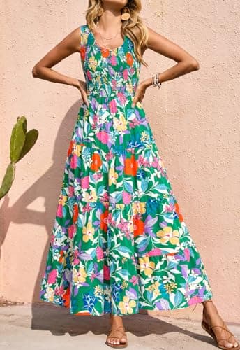 PRETTYGARDEN Sleeveless Smocked Dress Women Square Neck High Waist Floral Summer Wedding Guest Dresses for Women 2026 (Green Orange Flower, Small) - Thumbnail 3