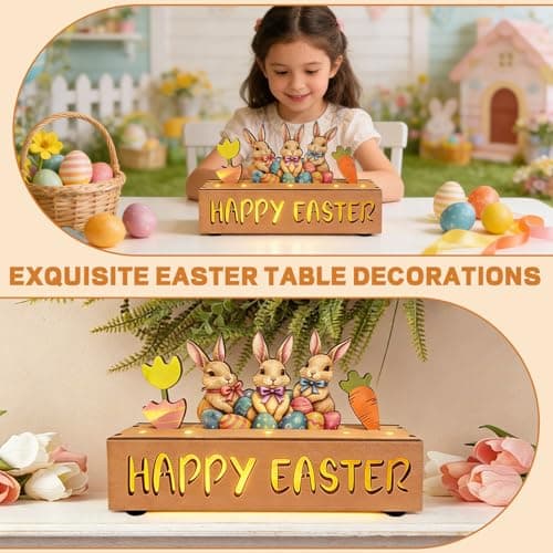 Happy Easter Decorations with LED Lights, Wooden Easter Decor Gifts for Table, Lighted Happy Easter Sign with Bunny, Carrots, Tulip and Easter Eggs, for Spring Mantel, Tiered Tray, Home Desk 8.6 inch - Thumbnail 4