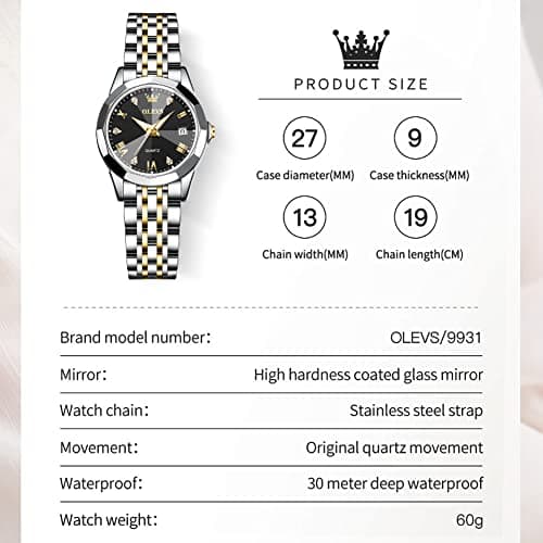 OLEVS Watch Women Black Face Gold and Silver Watches for Women Waterproof Luxury Two Tone Stainless Steel Ladies Watches for Small Wrists Vintage Analog Quartz Womens Watch with Date Reloj para Mujer - Thumbnail 6