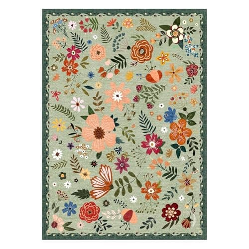 Washable Area Rug, Floral Rug, Large Carpet for Living Room & Bedroom, 9'x 12',Grass Green - Thumbnail 2