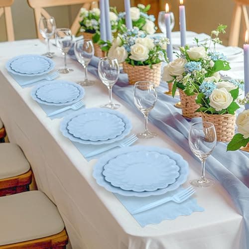 96 Pcs Light Blue Paper Plates and Napkins Blue Party Supplies Serve 24 Guests Include Scalloped Easter Plates Napkins Plastic Forks for Boy Baby Shower Bridal Shower Wedding Birthday - Thumbnail 6