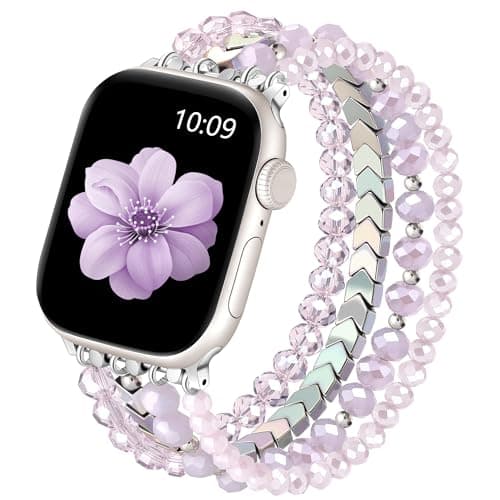 Lerobo Beaded Bracelet Compatible with Apple Watch Band for Women Girl 42mm/41mm/40mm/38mm, Handmade Dressy Crystal Replacement for iWtach Series 11 10 9 8 7 6 5 4 3 SE 3 2 1, Pink/Purple - Image 1