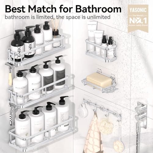 YASONIC Shower Caddy, 6 Pack Large Capacity Bath Organizer with Soap Holder and 12 Hooks, Rustproof bathroom Shelves for Inside Shower, No Drilling&Sleek Bathroom Organizers and Storage Silver - Thumbnail 2