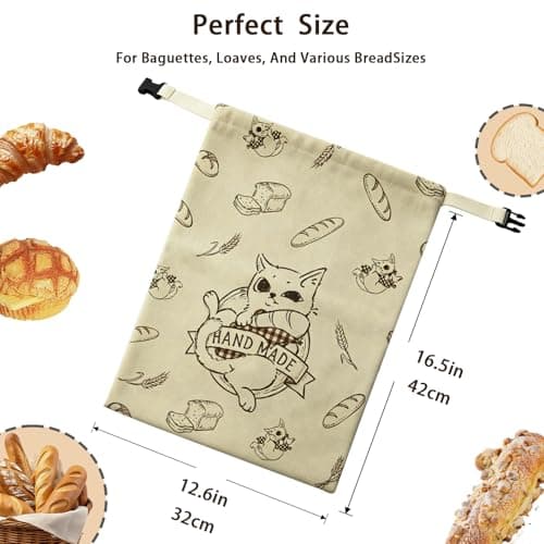 Beeswax Bread Bags for Homemade Bread & Sourdough, 2 Pack XL 16.4x12.8 in Linen Organic Bread Storage with Cat Pattern, Keeps Fresh Longer - Thumbnail 2