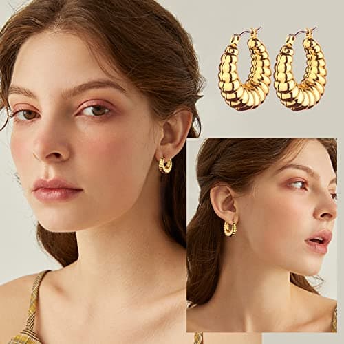 Wgoud Chunky Hoop Earrings Set 14K Gold Plated Hoop Earrings for Women Hypoallergenic, Thick Hoops Earring set, Twist Huggie Hoop Earring (6 Gold Chunky Hoops) - Thumbnail 3