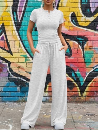 Trendy Queen Womens 2 Piece Sets Lounge Matching Set Cruise Casual Vacation Outfits Summer Airport Workout Gym Clothes Spring Fashion 2026 Teen Girl Wide Leg Pants Athletic Travel Tops Oatmeal Grey L - Thumbnail 2