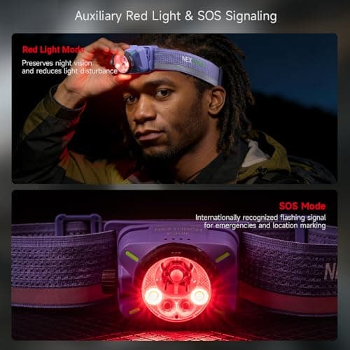 NEXTORCH eStar 1300 Lumens Headlamp Rechargeable, Running LED Headlight Extra Lightweight with Red Light, Waterproof Headband for Outdoor Camping Hiking Working, 2*1200 mAh, USB-C Charging, Purple - Thumbnail 4