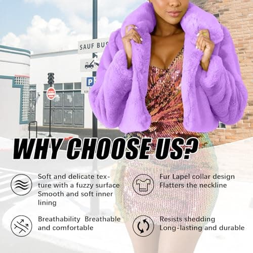 RAMOUG Ladies Sexy Bubble Coat Women Winter Birthday Party Crop Shearling Jacket L Purple - Thumbnail 5