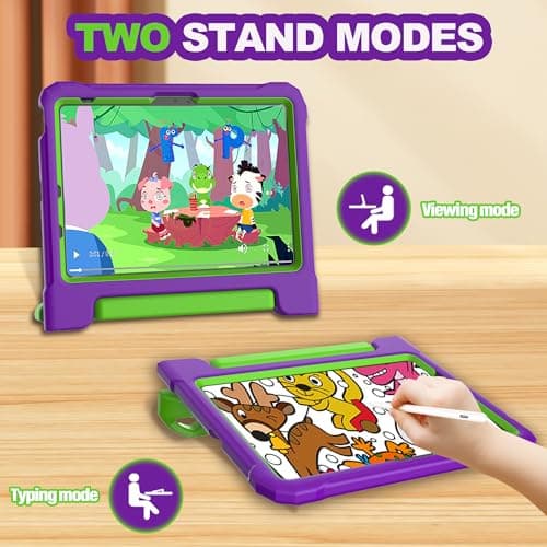 YIHE Kids Case for iPad (A16) 11th Generation 11 Inch 2025 & iPad 10th Generation 10.9 inch 2022, with Built-in Screen Protector and Handle Stand, Full Body Shockproof Protective Cover, PurpleGreen - Thumbnail 3
