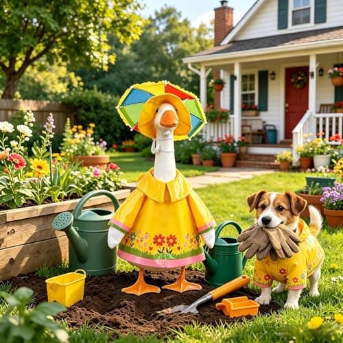 yuboo Summer Porch Goose Outfit for 23 Inch Cement Goose,Yellow Raincoat Goose Clothes with Rainbow Umbrella,Hat, Garden Costume for Lawn Porch Yard Outdoor Decor - Thumbnail 5