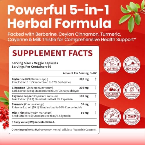 VEV Berberine Supplement with Ceylon Cinnamon, Cayenne Pepper, Turmeric, Milk Thistle, Vegan & Non-GMO – 120 Capsules - Thumbnail 2