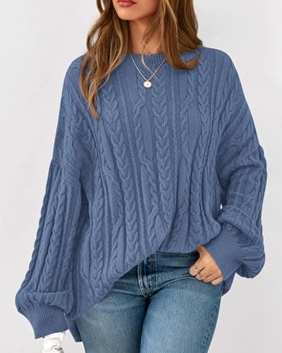 KIRUNDO Oversized Chunky Cable Knit Sweater Women 2026 Fall Fashion Cozy Long Sleeve Crewneck Pullover Winter Clothing(Blue, Small) - Thumbnail 4