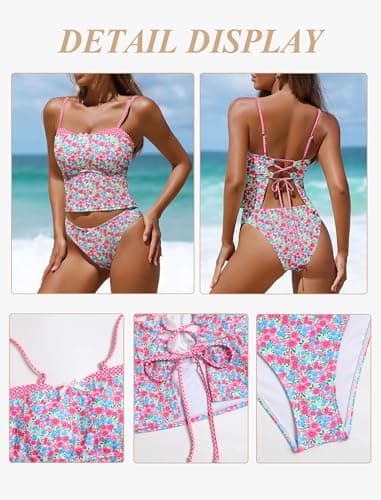 ZAFUL Womens Tankini Swimsuits Vintage Y2K Two Piece Bathing Suit 2026 Beach High Cut Tankini Set Swimwear, Floral2, L - Thumbnail 3
