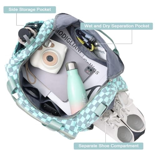 WOOMADA Foldable Travel Duffel Bag with Shoes Compartment, Overnight Bag with Wet Pocket & Trolley Sleeve, Weekender Bags for Women (turquoise checkerboard) - Thumbnail 5