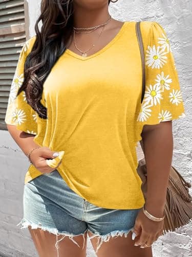 HDLTE Women Plus Size Tops Bell Sleeves Floral Print Shirt Casual Plus Size Blouse (Yellow, 2X) - Thumbnail 2