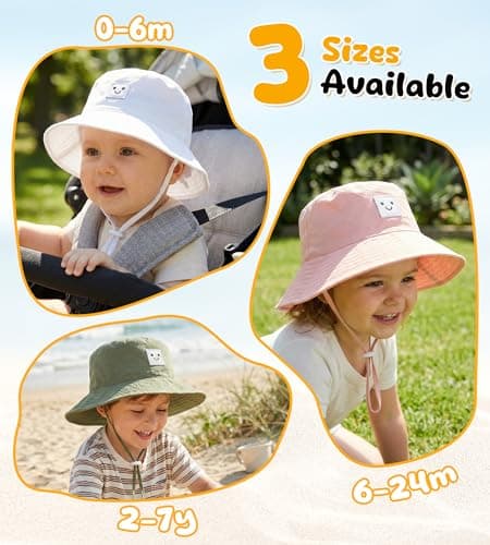 Baby Sun Hat Toddler Bucket Hats UPF 50+ Kids Summer Sun Protection Beach Hat for Boys Girls (US, Age, 0 Months, 6 Months, White and Grey) - Thumbnail 6