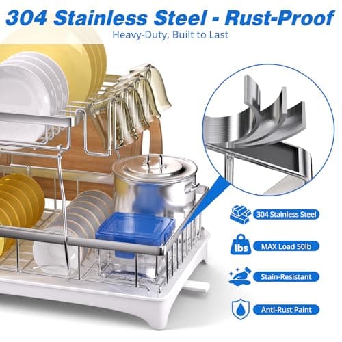 Godboat Dish Drying Rack, 2-Tier Dish Rack with Auto-Drain & Mat, 304 Stainless Steel Dish Racks for Kitchen Counter, Dish Drainer with Knife, Fork & Cup Rack, Gifts for Women, Mothers Day, Silver - Thumbnail 2
