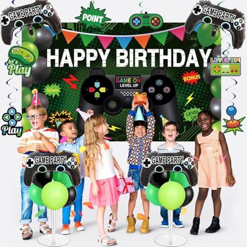 Video Game Birthday Party Decorations Kit – 77PCS Gamer Supplies with Backdrop, Hanging Swirls, Foil Balloons, Table Cover, Cake Topper for Boys Kids Game Theme Party - Thumbnail 6