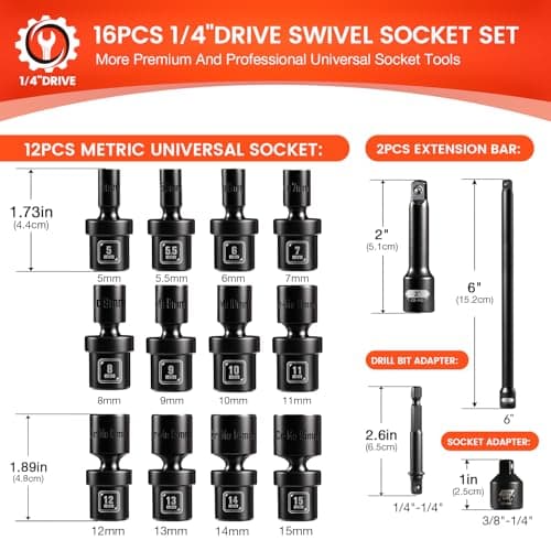 BLACKROBOT 1/4" Drive Universal Impact Socket Set, 16-Pieces Swivel Socket Set, Metric(5-15mm) Flexible Wobble Socket, 2", 6" Extension Bars, Socket Adapter, 6 Point, CR-MO - Thumbnail 2
