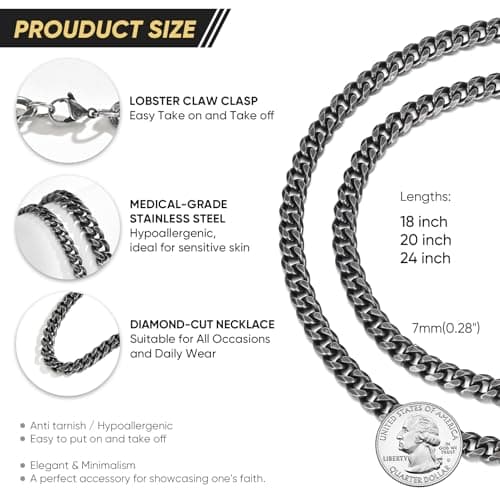 VNOX Silver Grey 7 MM Cuban Chain Necklace for Men,Cool Mens Stainless Steel Link Necklaces Hip Hop Jewelry Gifts for Boyfriend No Tarnish 20 Icnhes - Thumbnail 4