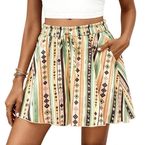 PRETTYGARDEN Women's Flowy Shorts Summer Fashion 2026 Beach Vacation Clothes Casual High Waist Wide Leg Ruffle Shorts (Print Green Yellow,Large) - Image 1