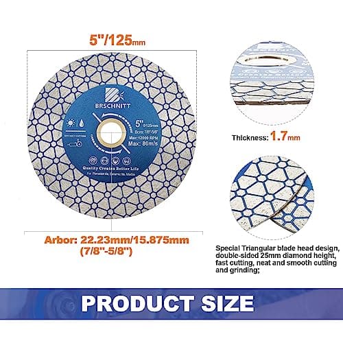 Diamond Saw Blade Tile Cutting Disc - BRSCHNITT 5 Inch for Cutting Granite Porcelain Ceramic Marble Artificial Stoneware Edge Grinding for 7/8”- 5/8” Arbor Angle grinde - Thumbnail 4