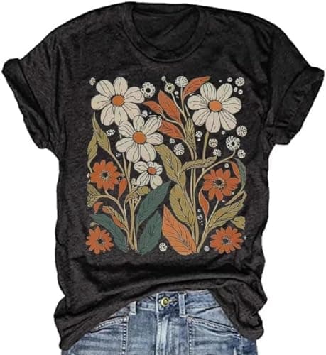 Womens Boho Floral Shirt Vintage Flower Tee T-Shirt Summer Short Sleeve T Shirts Cute Graphic T Shirt(B5A-Black2,S)