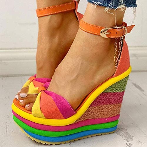 SaraIris Sandals for Women Gladiator Ankle Strap High Heel Platform Shoes Wedge Rainbow Sandals for Women Orange - Thumbnail 5