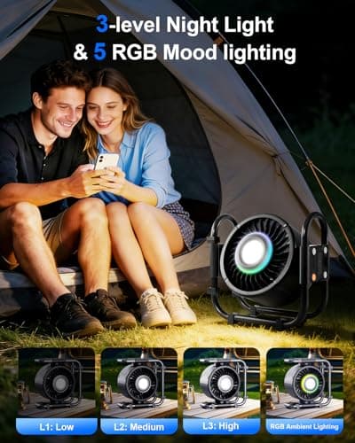 Nauttxon Oscillating Camping Fan Rechargeable - 16000mAh Battery Powered Fan with 6 Winds Night & RGB Ambient Light Digital Display 120° Vertical & horizontal Rotation for Camping Tent Fishing Outdoor - Thumbnail 3