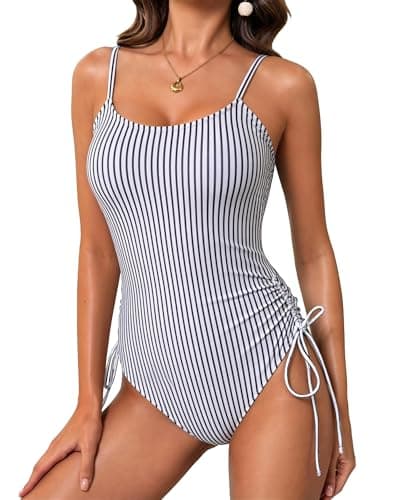 IEEILULU Women One Piece Swimsuits Sleeveless Cutout Back Spaghetti Straps Bathing Suit Tummy Control Swimsuit with Chest Pad Black Striped L - Thumbnail 4