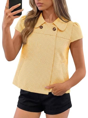 Tankaneo Womens Summer Babydoll Tops Cap Sleeve Peter Pan Collared Blouse Y2K Button Up Vintage Shirts with Pockets Yellow - Image 1