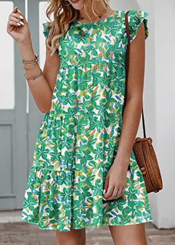 KIRUNDO Tropical Dresses for Women Summer Sleeveless Boho Floral Mini Sundress Ruffle Sleeve Round Neck Loose Short Flowy Pleated Babydoll Dress, Floral3-green, Small - Thumbnail 2