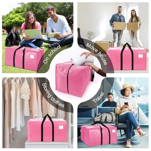 VELVETSURE 12 Pack Heavy Duty Large Moving Bags W/Backpack Straps - Strong Handles & Zippers, Storage Totes For Space Saving, Fold Flat, Alternative to Moving Box and Storage Bin, Pink - Thumbnail 6