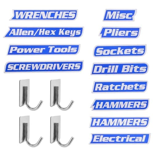 Magnetic Tool Box Labels and Hooks Set, 12 PCS Toolbox Magnetic Labels + 4PCS Self Adhesive Metal Hooks, Reusable Tool Box Accessories Organize for Steel Carts, Drawers, and Cabinets(Blue) - Image 1