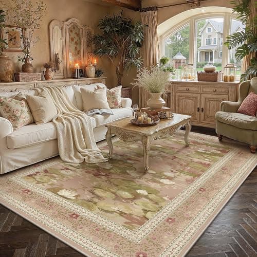 PureCozy Washable 8x10 Area Rug for Living Room Pink Floral Indoor Large Carpet Non Slip Low Pile Vintage Impressionist Rugs for Bedroom Dining Room Nursery Playroom Farmhouse Decor - Thumbnail 2