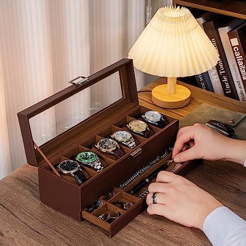 ProCase Watch Box, Fathers Day Gift for Dad, 6 Slot Watches Display Case with Drawer, Mens Watch Case with Glass Lid, 2-Layer Mens Jewelry Organizer Storage Holder -6 Slot, Espresso - Thumbnail 5