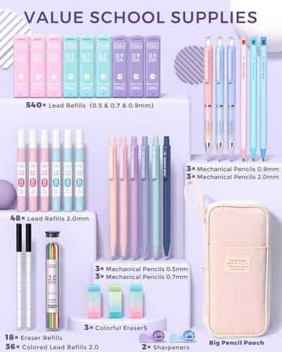Four Candies 36PCS Aesthetic School Supplies, Mechanical Pencils 0.5mm, 0.7mm, 0.9mm & 2.0mm with 624PCS Lead Refills, Cute Mechanical Pencils for Writing, Drawing & Drafting (Pink) - Thumbnail 5