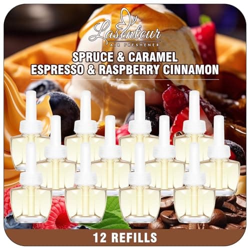 Plug In Air Freshener Refills for Home, 12 Count, Spruce, Caramel, Espresso & Raspberry Cinnamon Scents for Bathroom & Office, Compatible with Air Wick & Glade, Not Include Glade Plus - Image 1
