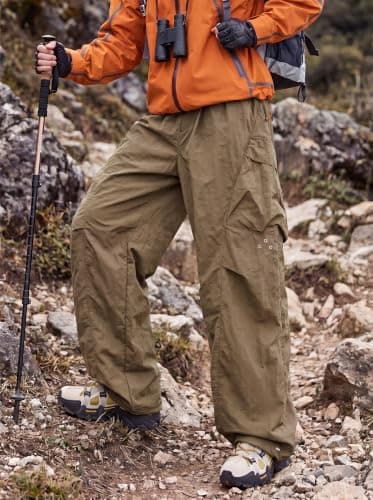 Areant Mens Baggy Hiking Cargo Pants Parachute Water Resistant Lightweight Wide Leg Pants Outdoor Climbing Trousers Dark Khaki X-Large - Thumbnail 5