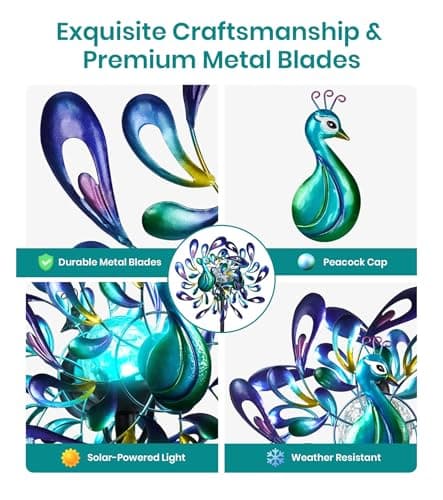 VUFOZ Peacock Wind Spinners Outdoor for Garden, Colorful Metal Kinetic Yard Art with Radial Motion, Decorative Outdoor Wind Sculpture for Lawn, Patio & Walkway - Thumbnail 6