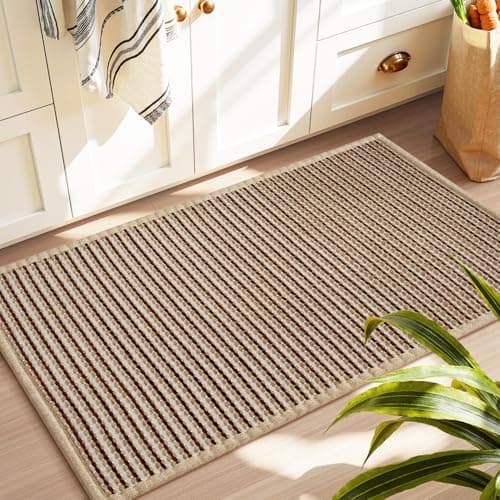 PADOOR Kitchen-Rugs Non Slip Washable, Absorbent Kitchen Mats for Floor, Soft Braided Kitchen-Mat, Farmhouse Kitchen Floor Mat Sink Rugs for Kitchen Floor (Beige and Brown, 20"x32") - Image 1