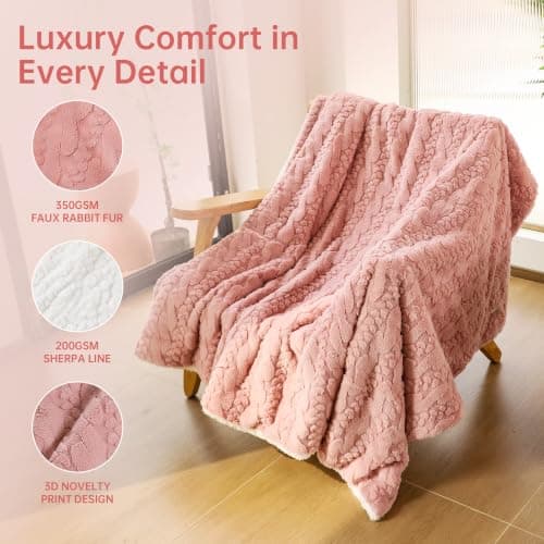 ESTINGO Electric Blanket Throw - 50x60 Rabbit Faux Fur Heating Blanket Throw 4 Hours Auto-Off 5 Heat Levels Overheat Protection Luxury Faux Fur Sherpa Heated Blanket ETL Certification, Candy Pink - Thumbnail 3